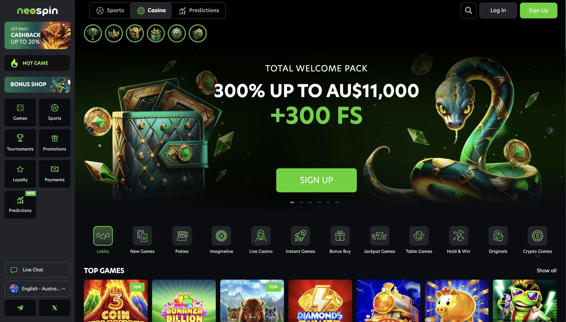 Neospin casino lobby
