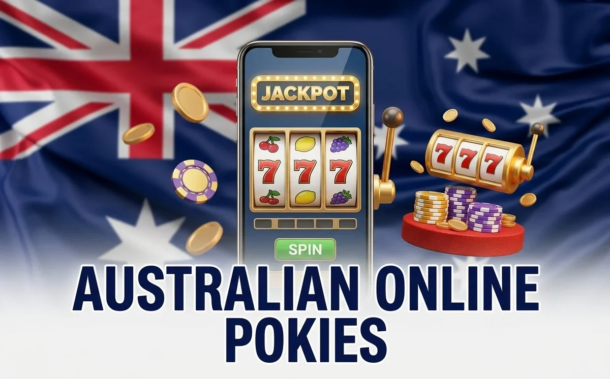 Australian online pokies - a phone showing a jackpot slot in front of the Australian flag